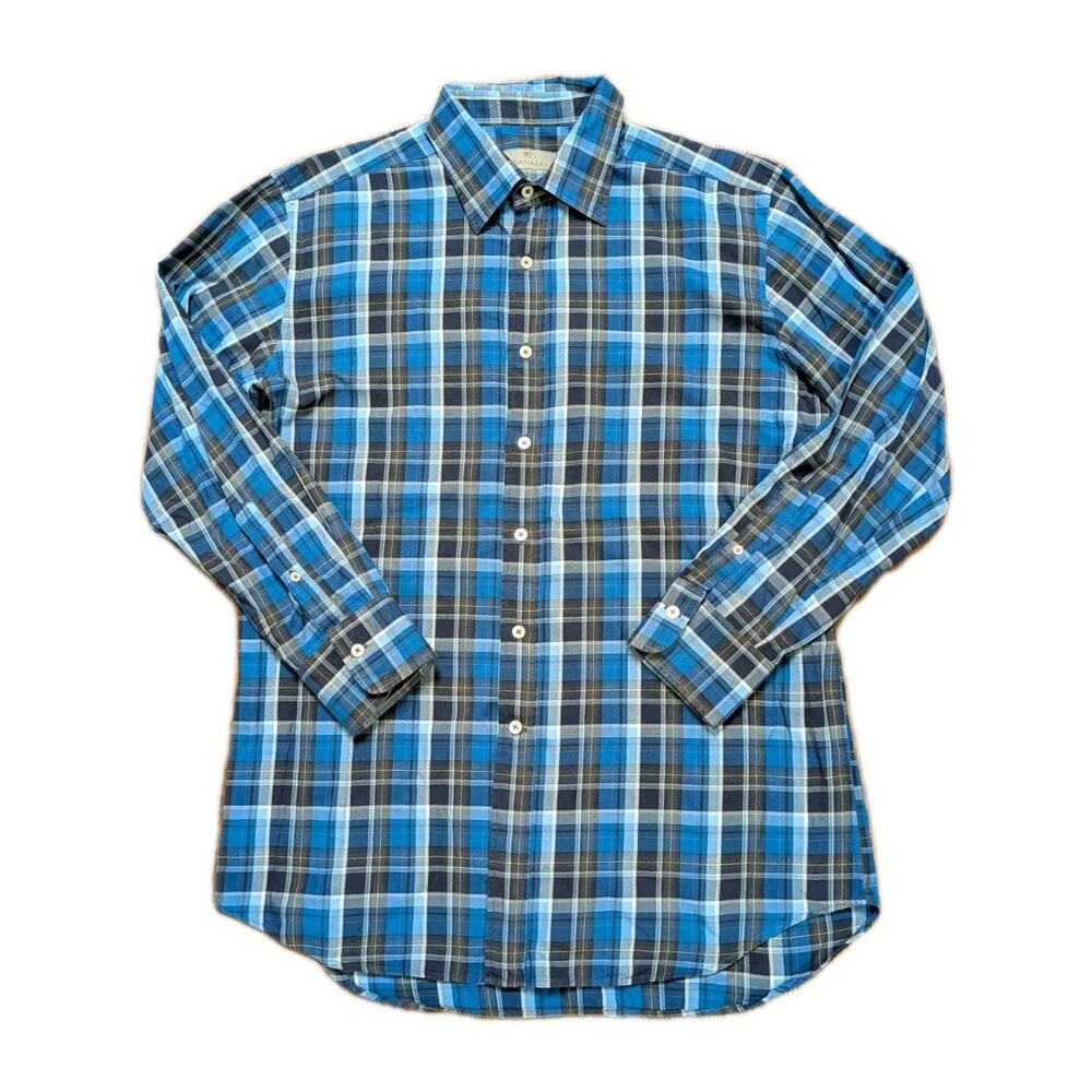 Canali Dress Shirt Long Sleeve Button Shirt Men XL Cotton Blue Plaid Italy